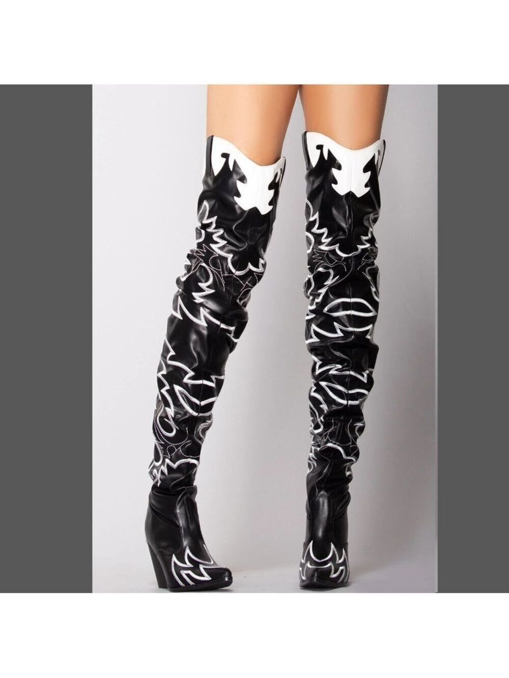 Kelsey Black Embroidered White Thigh High Western Cowboy Slouch Boots - Picture 3 of 8